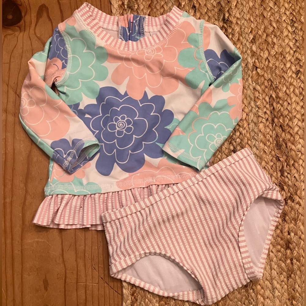Ruffle Butts pink + blue floral swim set w/ ruffle shorts + long sleeve top